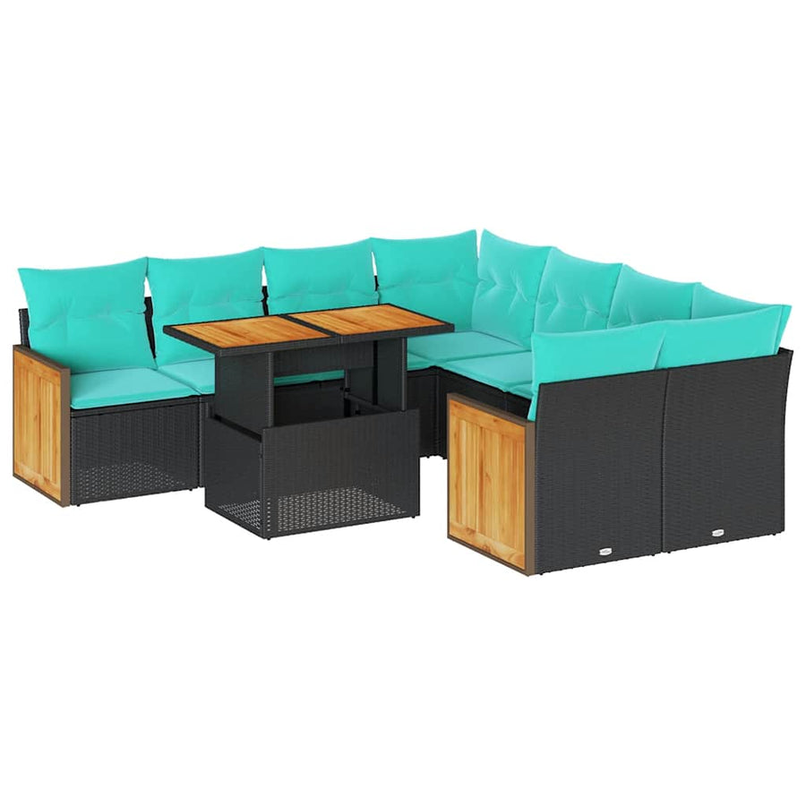 9-delige Loungeset met kussens poly rattan acacia zwart