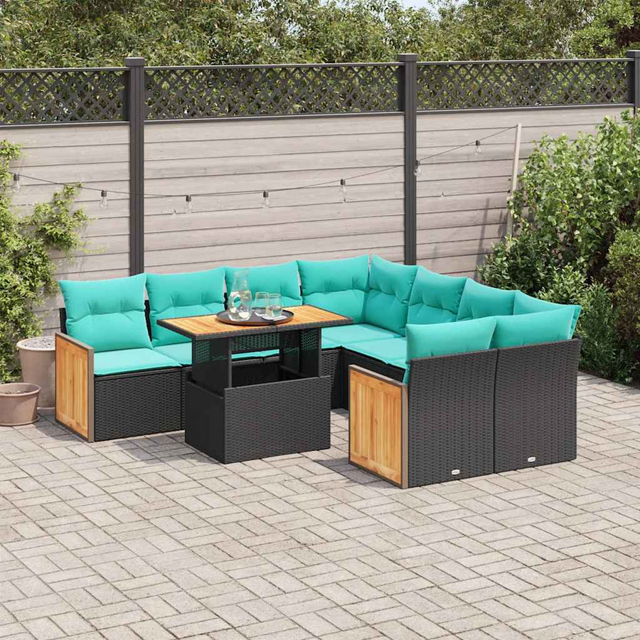 9-delige Loungeset met kussens poly rattan acacia zwart