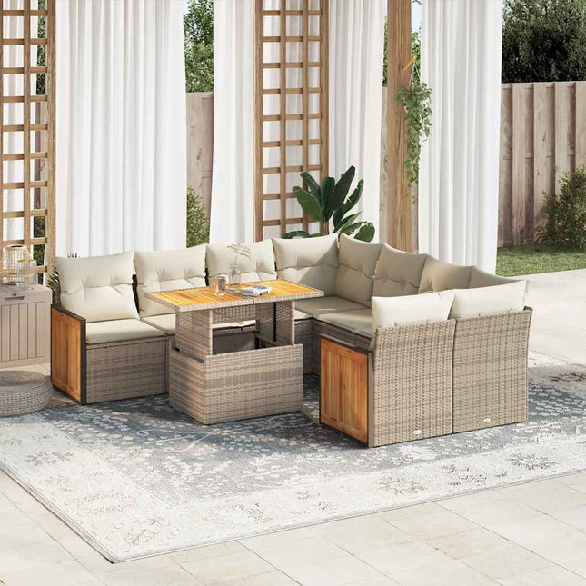 9-delige Loungeset met kussens poly rattan acacia beige