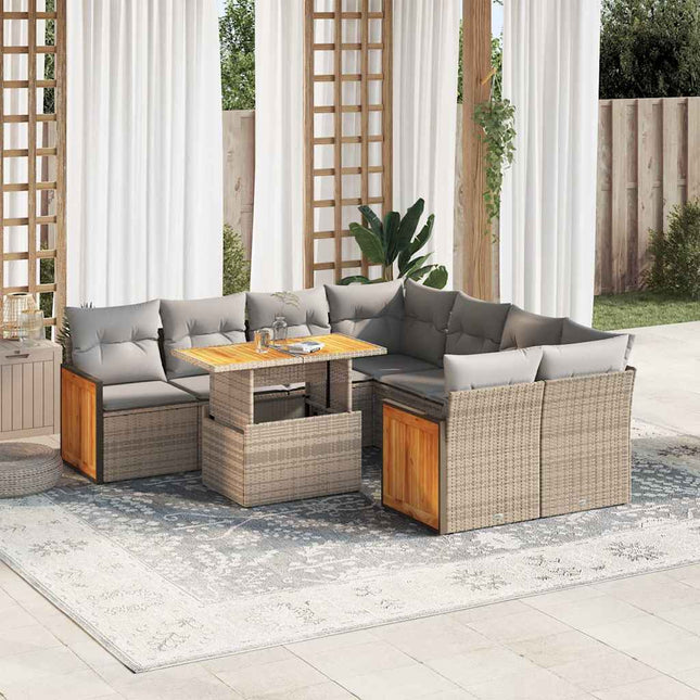 9-delige Loungeset met kussens poly rattan acacia beige