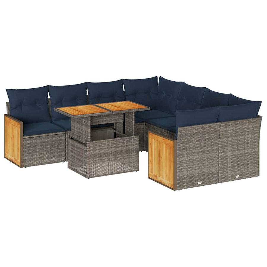 9-delige Loungeset met kussens poly rattan acacia grijs
