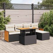 Loungeset 6-delig poly rattan acacia zwart met kussens
