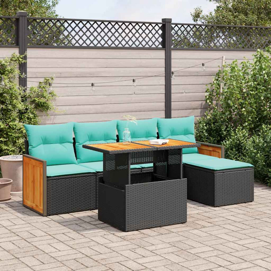 6-delige Loungeset met kussens poly rattan acacia zwart