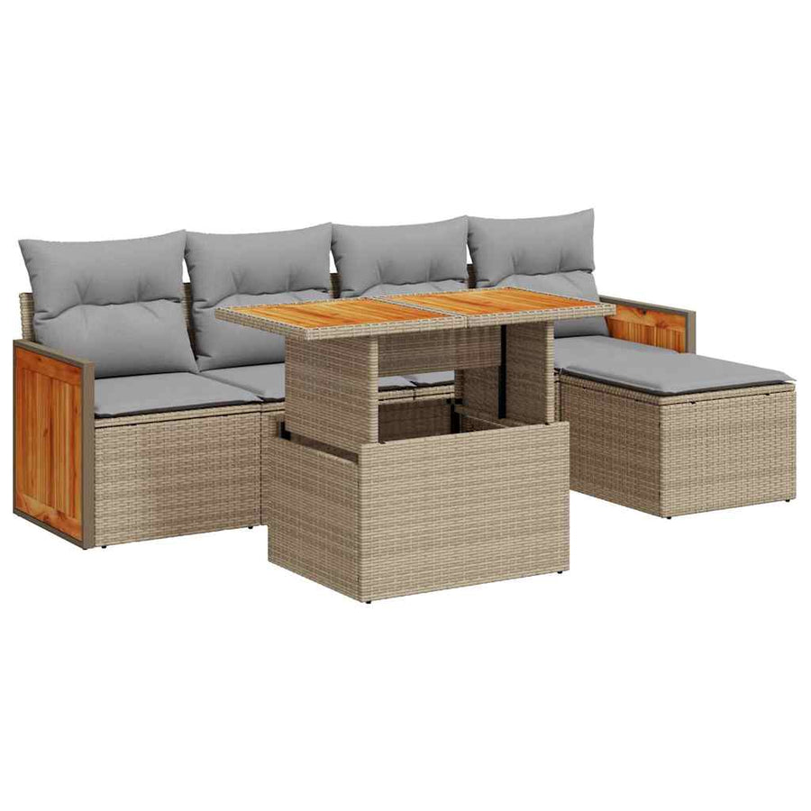 6-delige Loungeset met kussens poly rattan acacia beige