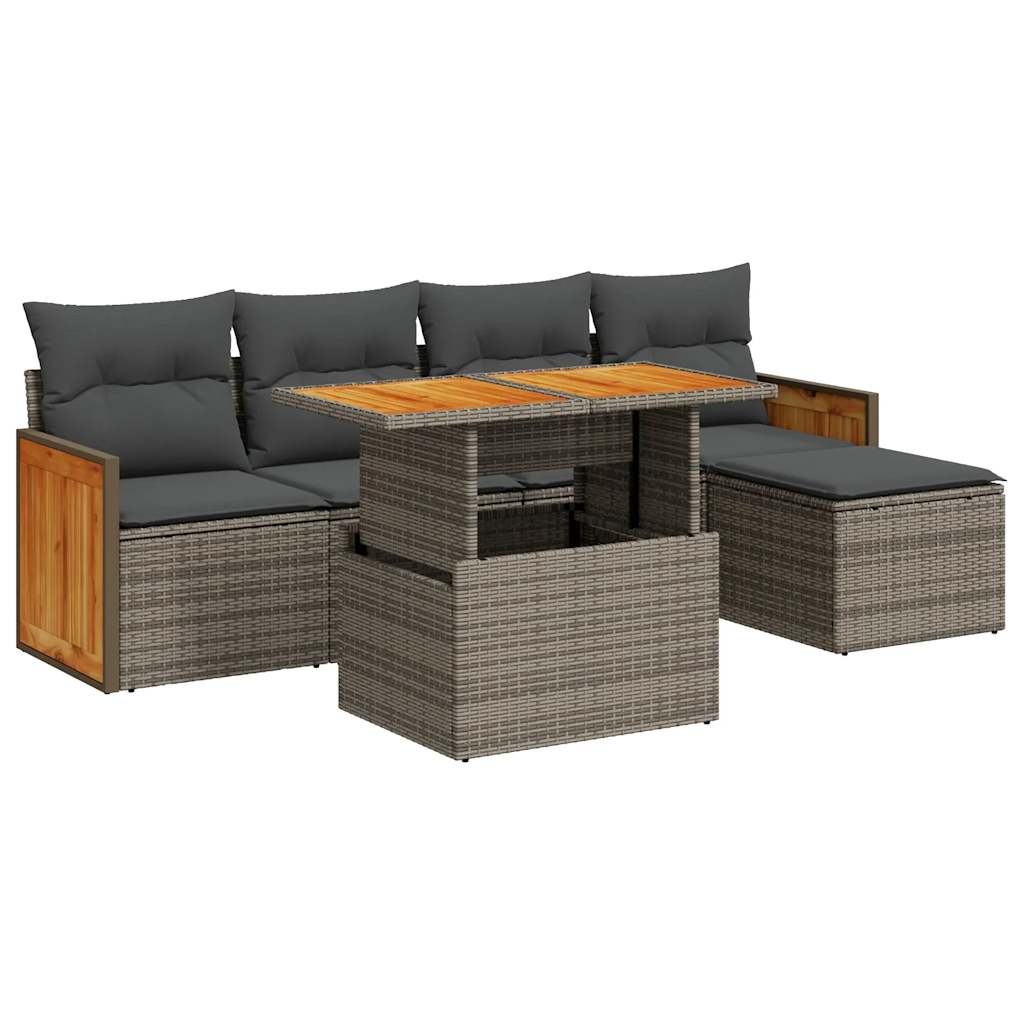 6-delige Loungeset met kussens poly rattan acacia grijs