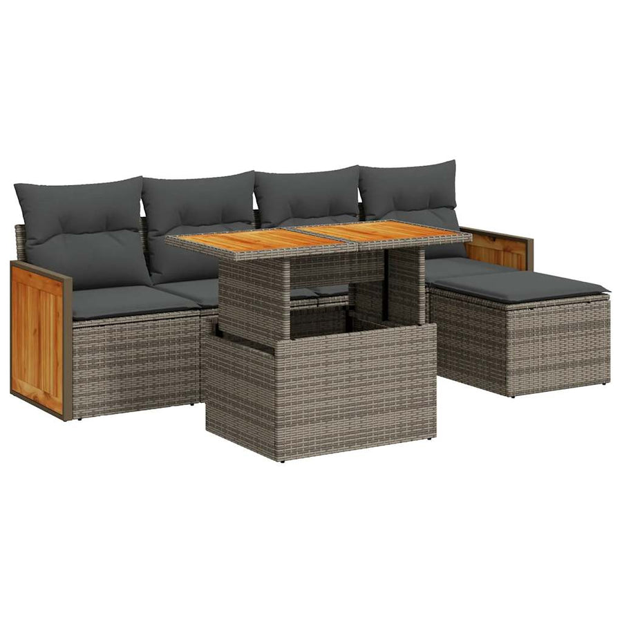 6-delige Loungeset met kussens poly rattan acacia grijs