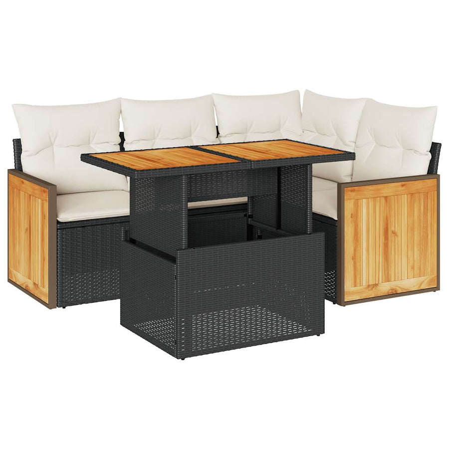 5-delige Loungeset met kussens poly rattan acacia zwart