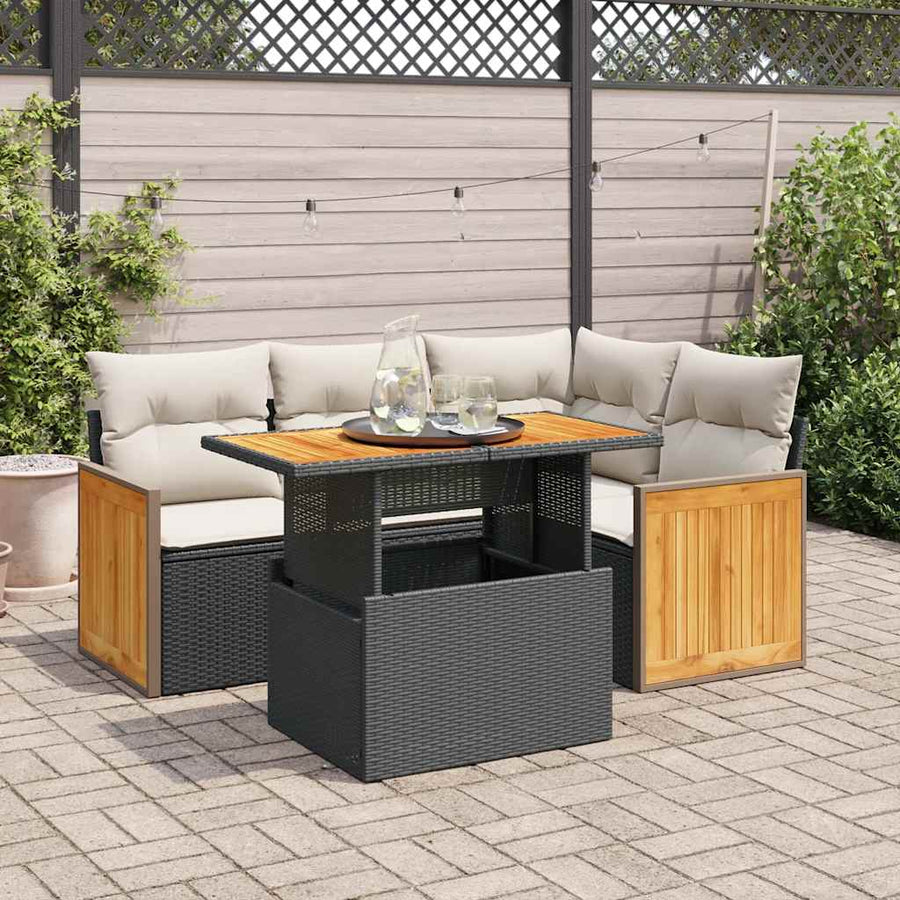 5-delige Loungeset met kussens poly rattan acacia zwart