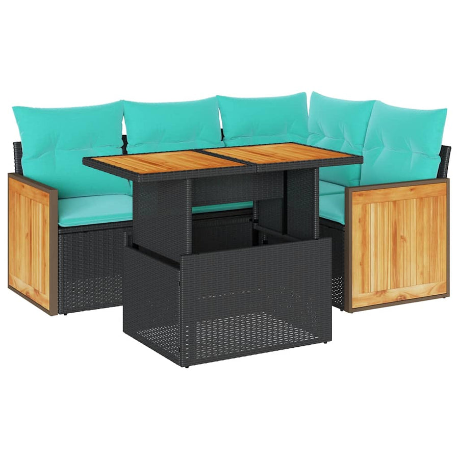 5-delige Loungeset met kussens poly rattan acacia zwart
