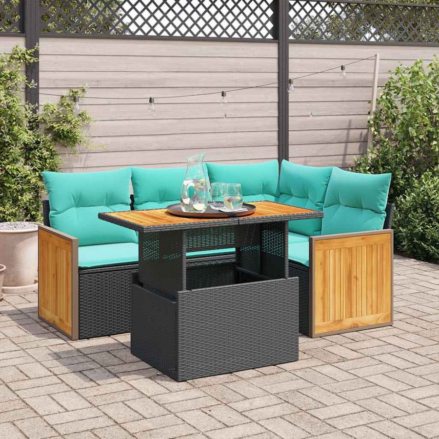 5-delige Loungeset met kussens poly rattan acacia zwart