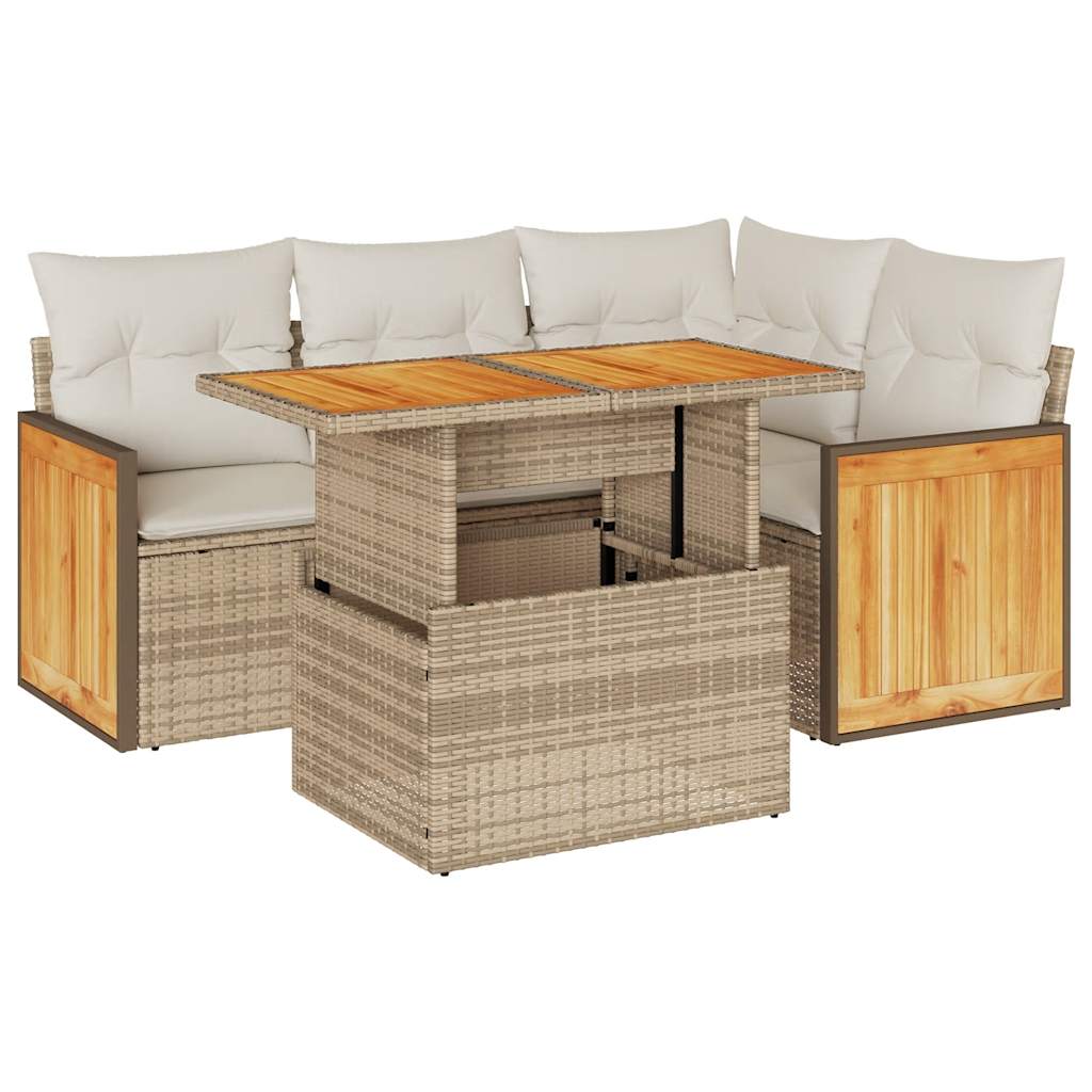 5-delige Loungeset met kussens poly rattan en acaciahout beige