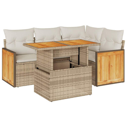 5-delige Loungeset met kussens poly rattan en acaciahout beige