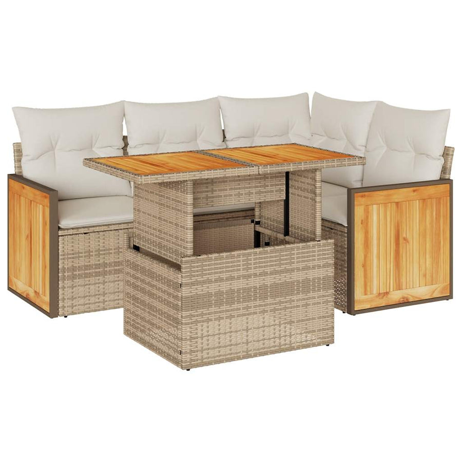 5-delige Loungeset met kussens poly rattan en acaciahout beige