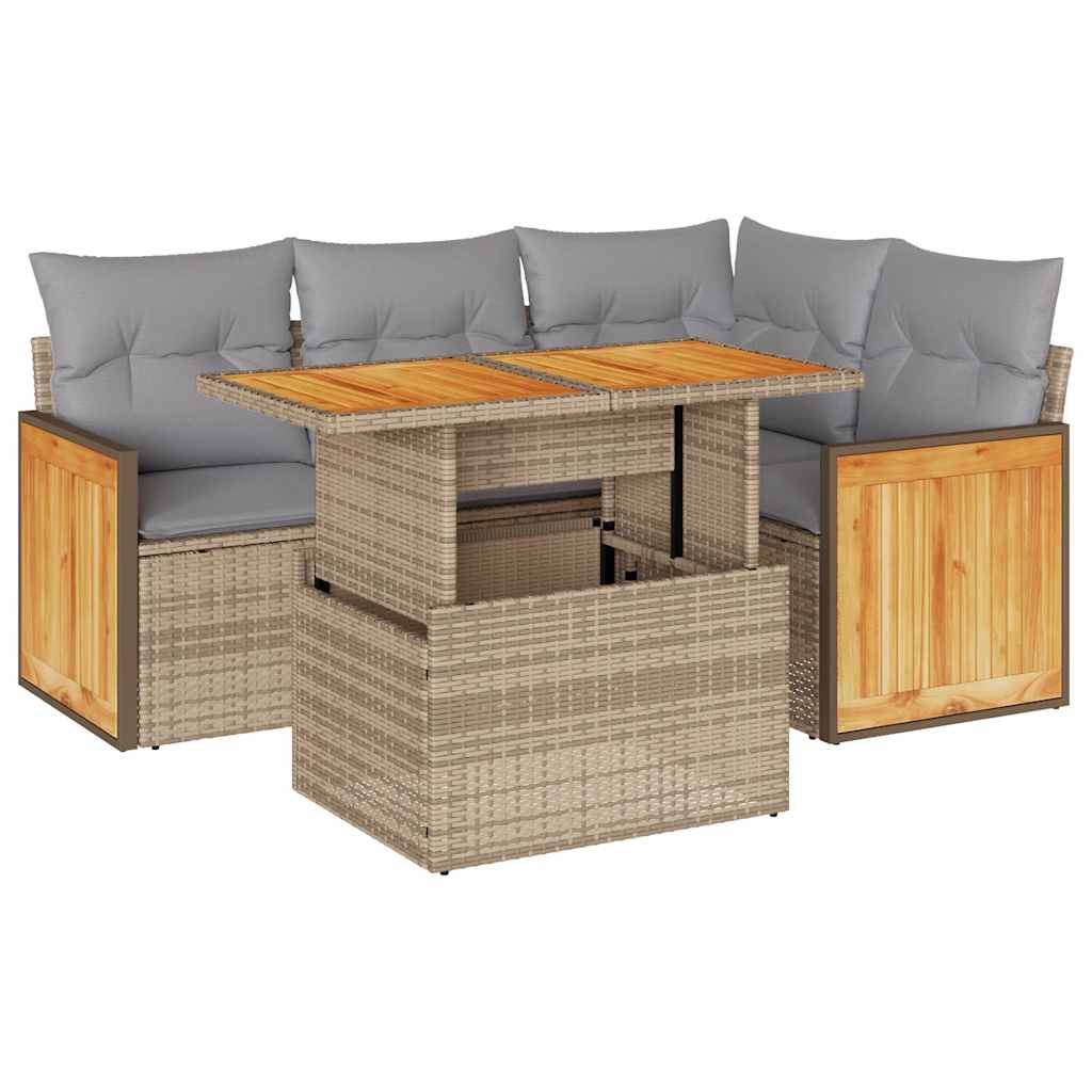 5-delige Loungeset met kussens poly rattan en acaciahout beige