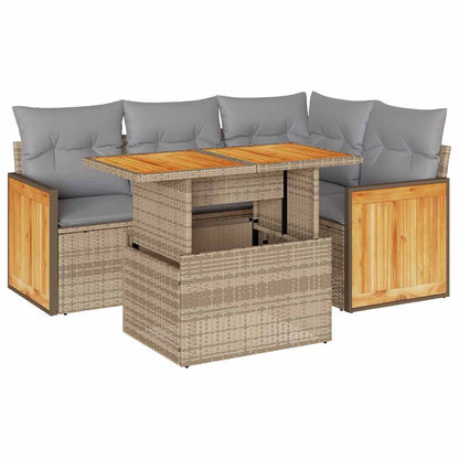 5-delige Loungeset met kussens poly rattan en acaciahout beige