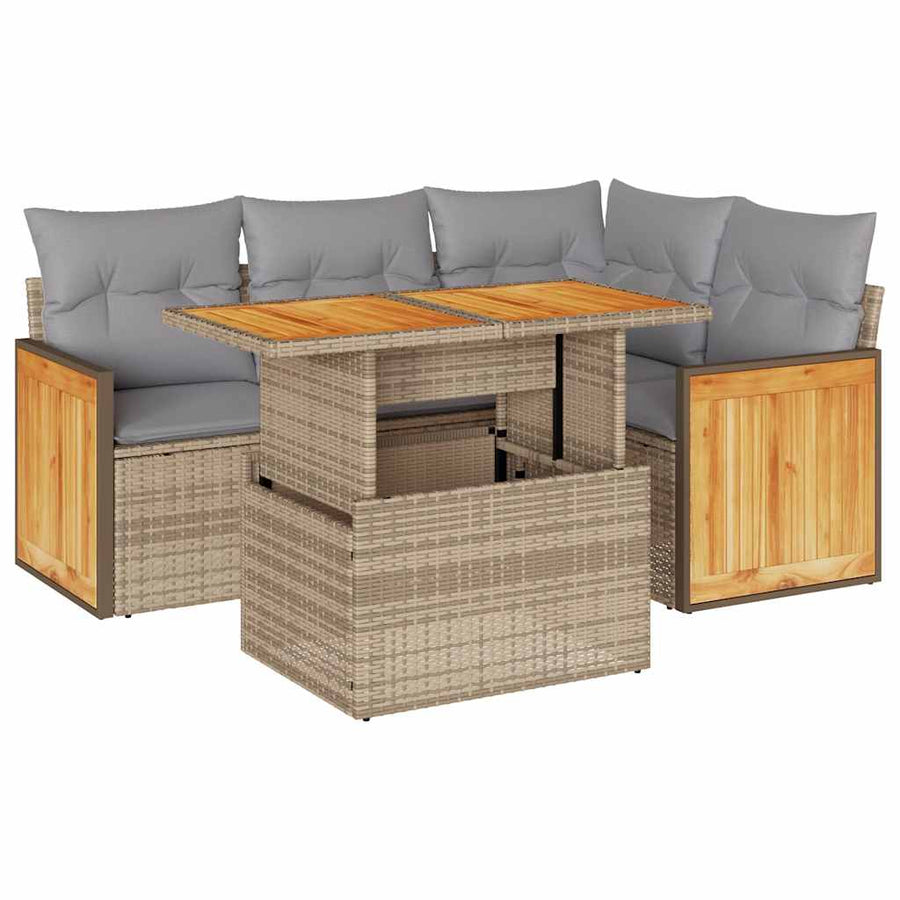 5-delige Loungeset met kussens poly rattan en acaciahout beige