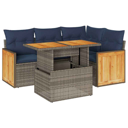 5-delige Loungeset met kussens poly rattan acacia grijs