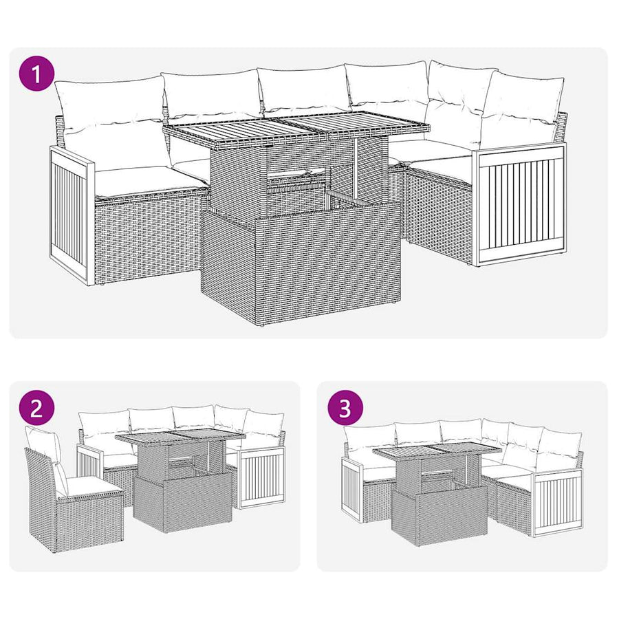 6-delige Loungeset met kussens poly rattan acacia zwart