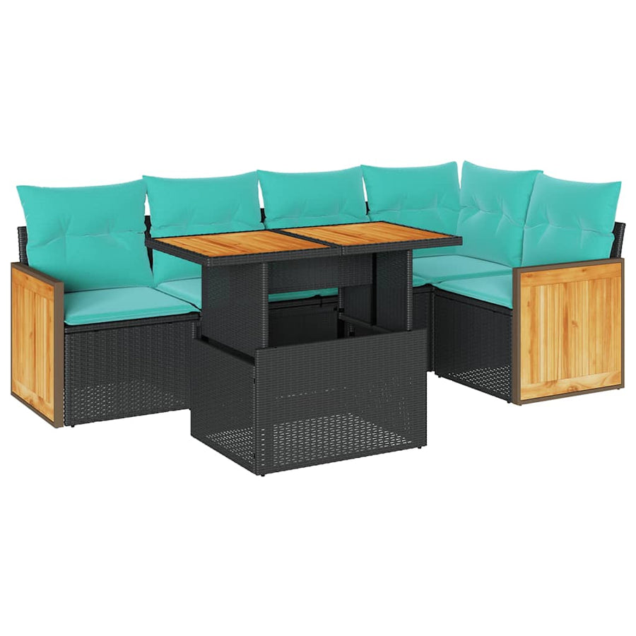 6-delige Loungeset met kussens poly rattan acacia zwart