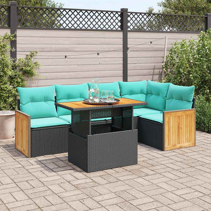 6-delige Loungeset met kussens poly rattan acacia zwart