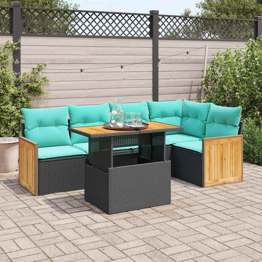 6-delige Loungeset met kussens poly rattan acacia zwart