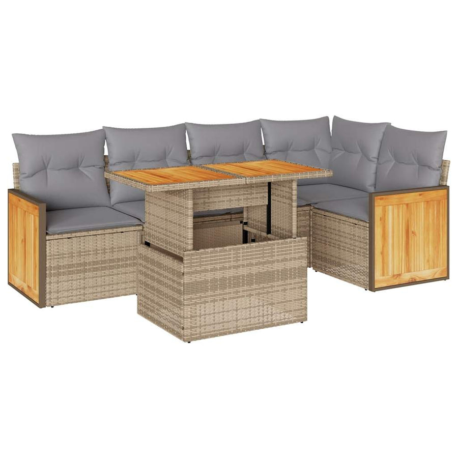 6-delige Loungeset met kussens poly rattan acacia beige