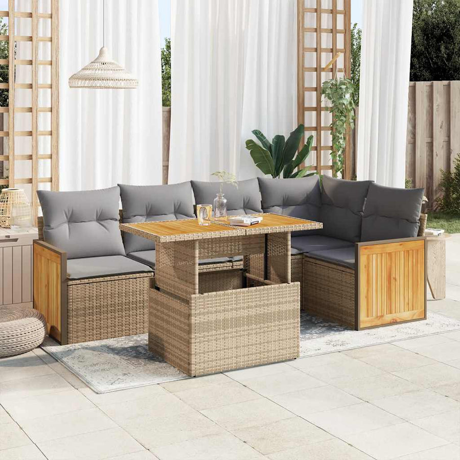 6-delige Loungeset met kussens poly rattan acacia beige