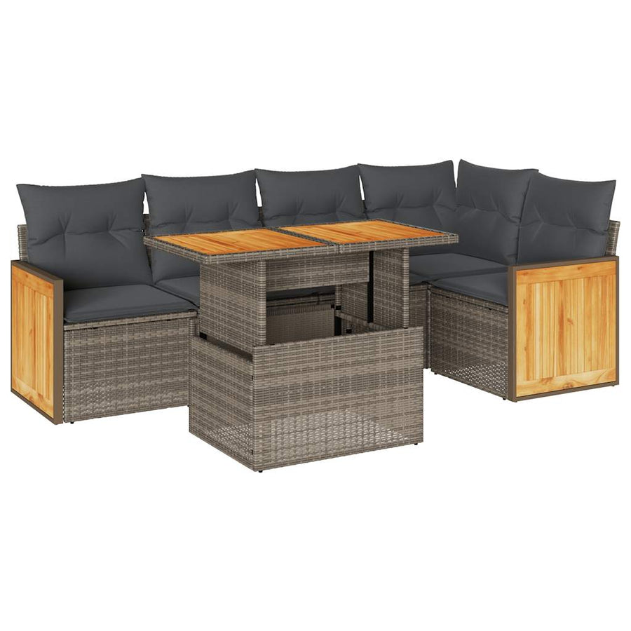 6-delige Loungeset met kussens poly rattan acacia grijs