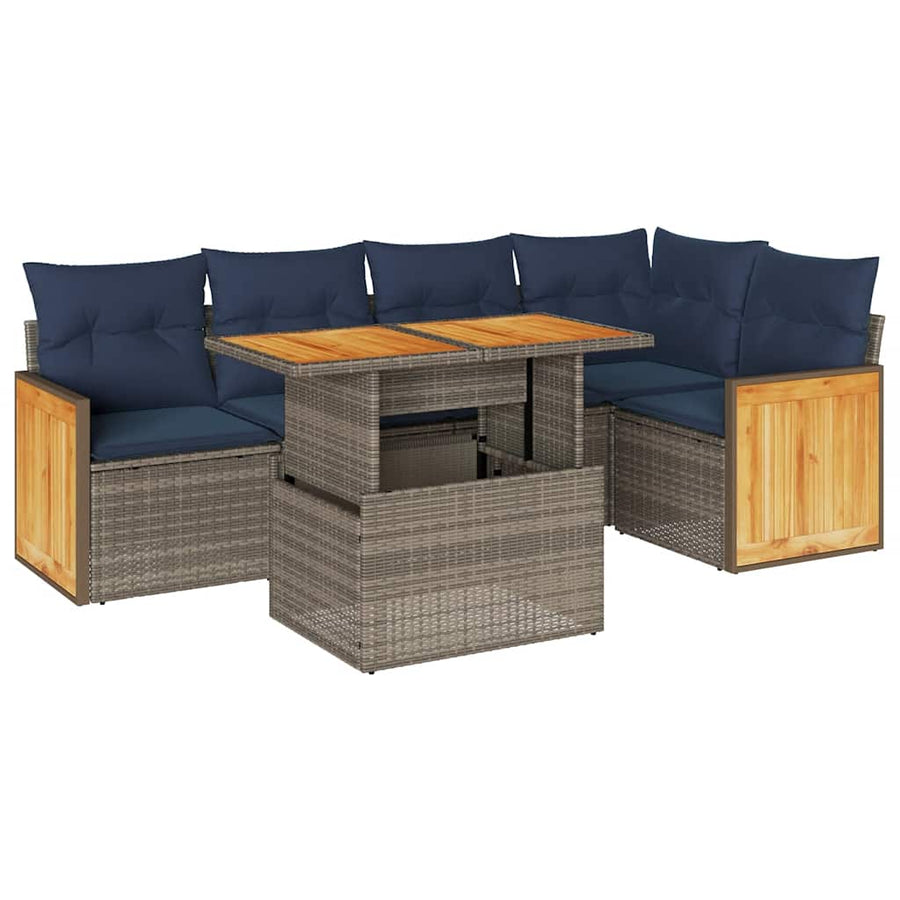 6-delige Loungeset met kussens poly rattan acacia grijs