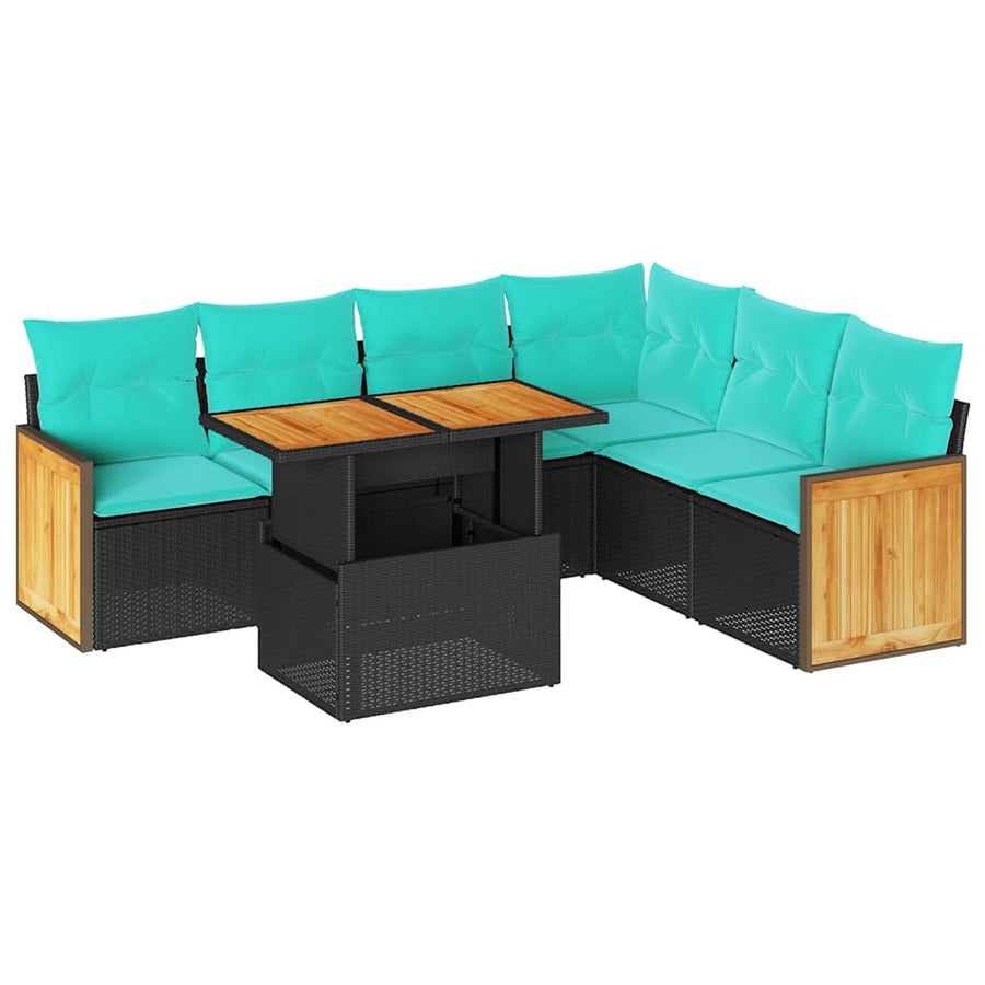 7-delige Loungeset met kussens poly rattan acacia zwart