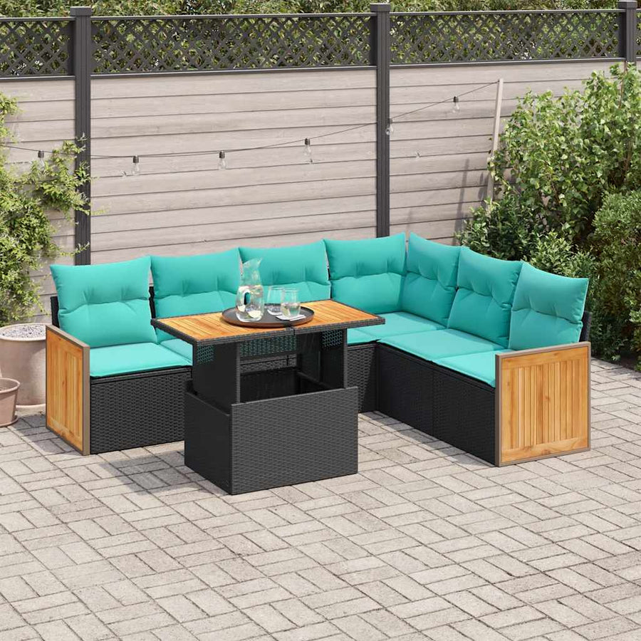 7-delige Loungeset met kussens poly rattan acacia zwart