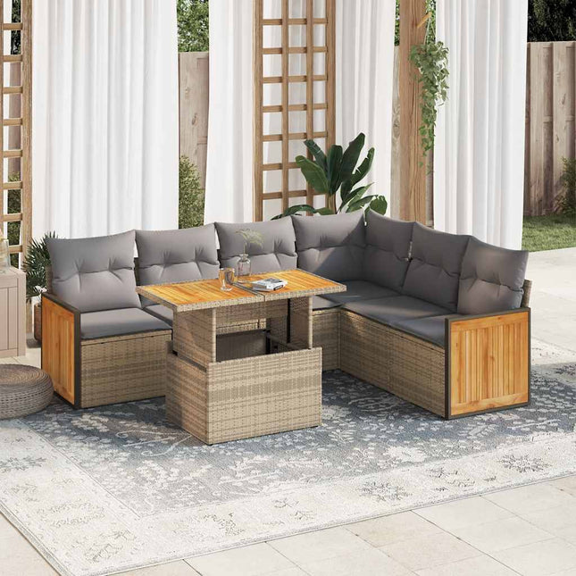 7-delige Loungeset met kussens poly rattan acacia beige