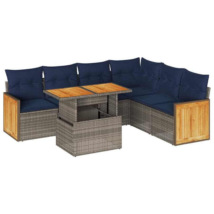 7-delige Loungeset met kussens poly rattan acacia grijs