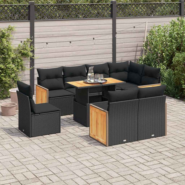 9-delige Loungeset met kussens poly rattan acacia zwart