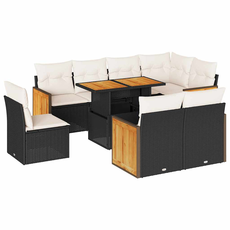 9-delige Loungeset met kussens poly rattan acacia zwart