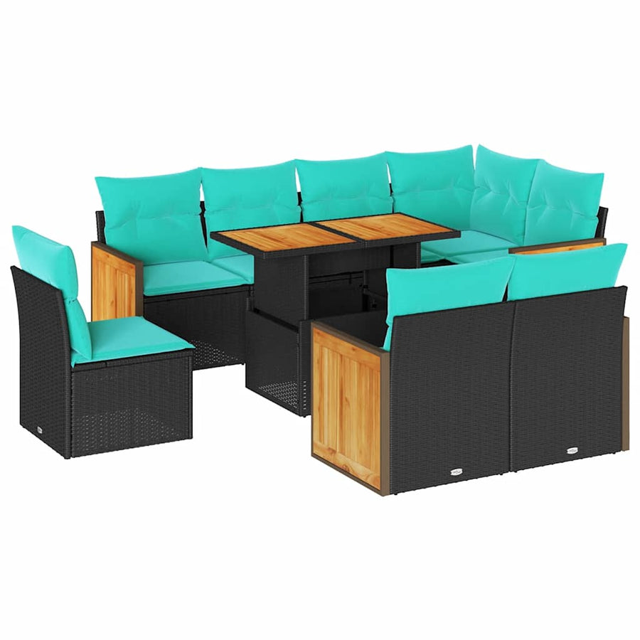 9-delige Loungeset met kussens poly rattan acacia zwart