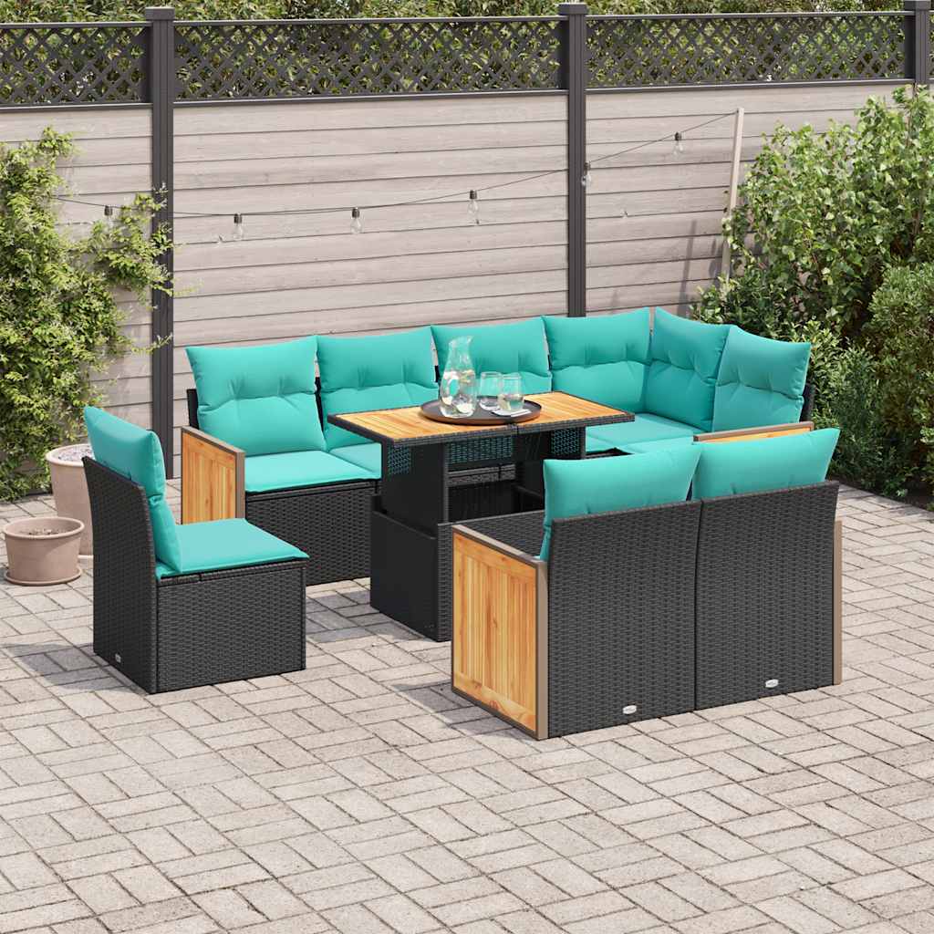 9-delige Loungeset met kussens poly rattan acacia zwart