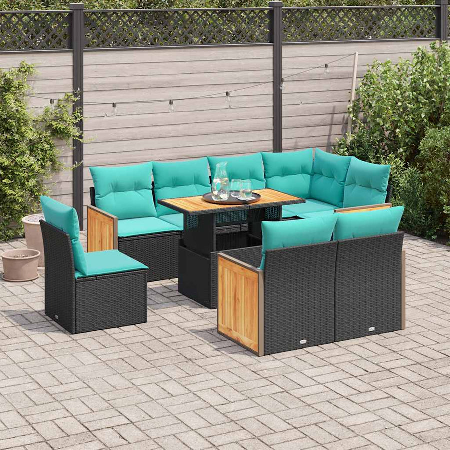 9-delige Loungeset met kussens poly rattan acacia zwart
