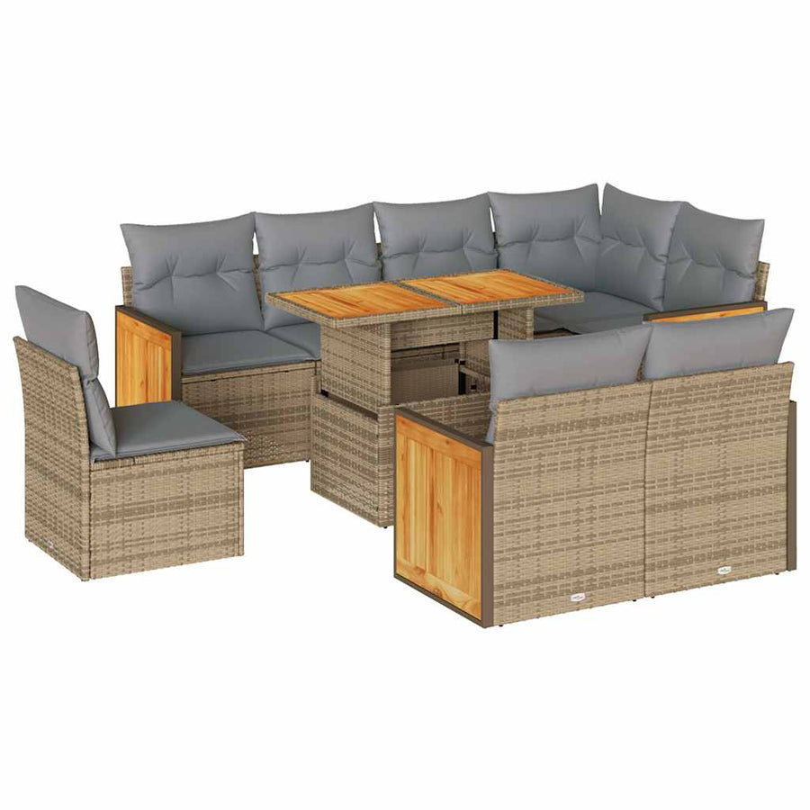 9-delige Loungeset met kussens poly rattan acacia beige