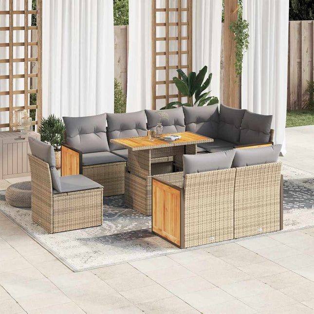 9-delige Loungeset met kussens poly rattan acacia beige