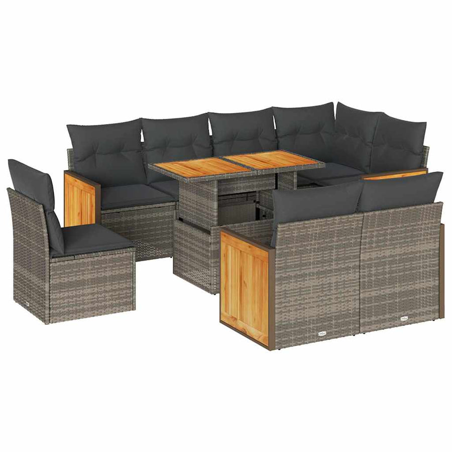 9-delige Loungeset met kussens poly rattan acacia grijs