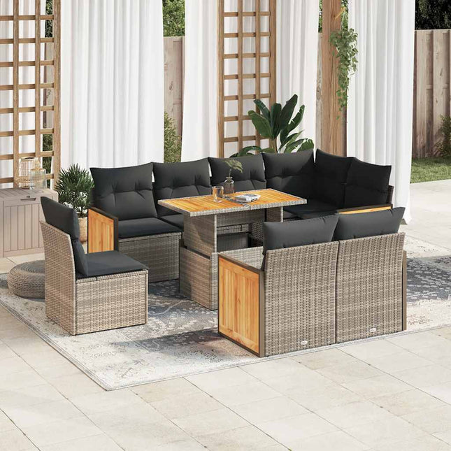 9-delige Loungeset met kussens poly rattan acacia grijs