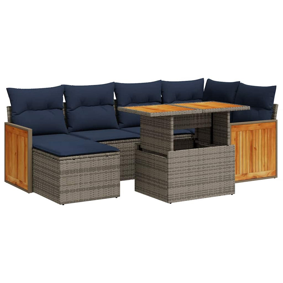 7-delige Loungeset met kussens poly rattan acacia zwart