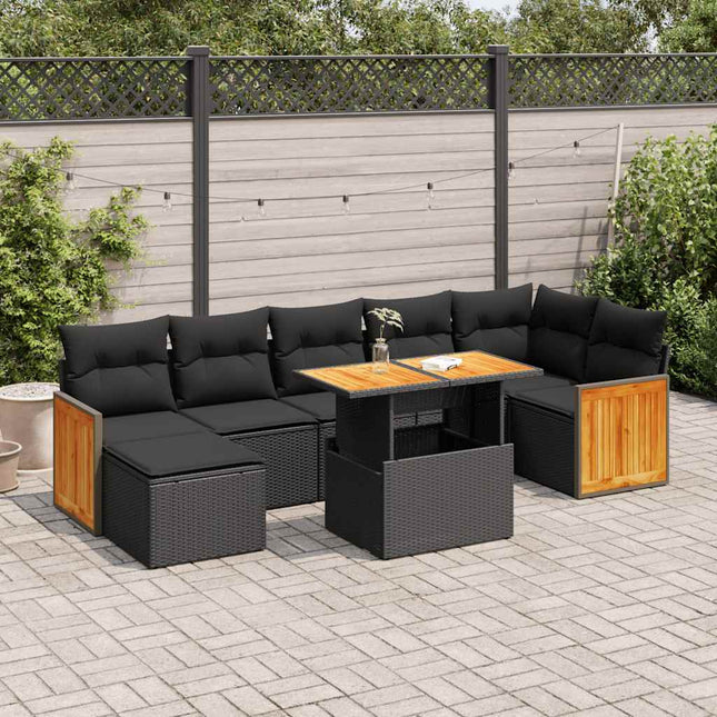 7-delige Loungeset met kussens poly rattan acacia zwart