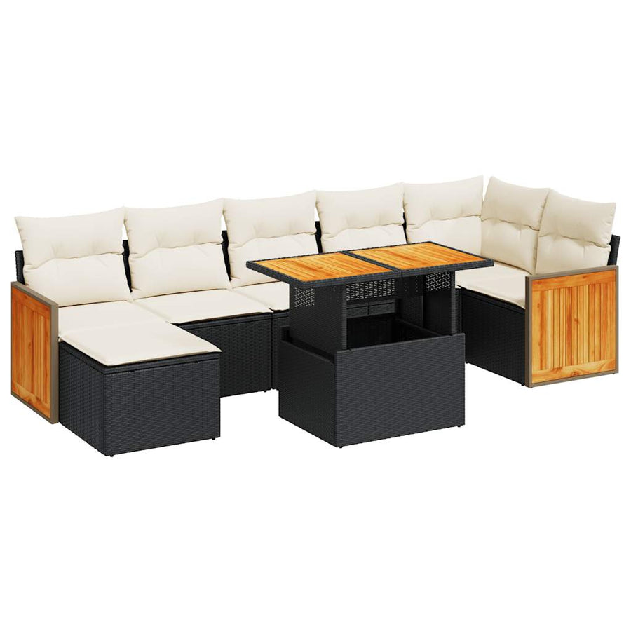 7-delige Loungeset met kussens poly rattan acacia zwart