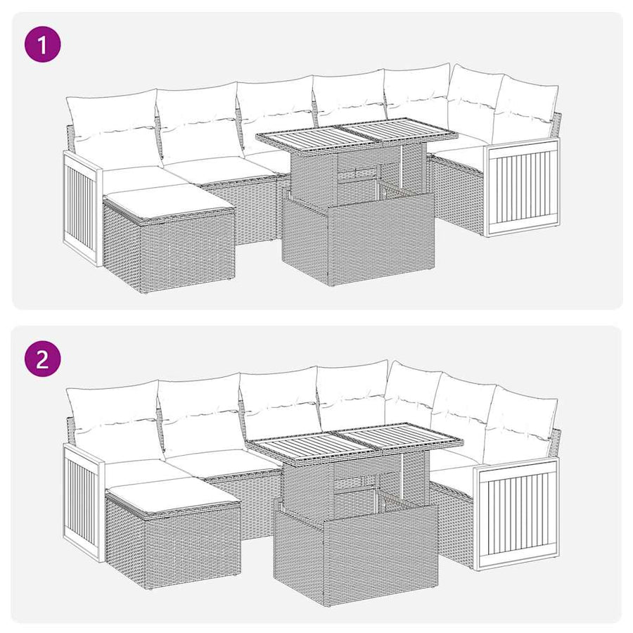 7-delige Loungeset met kussens poly rattan acacia zwart