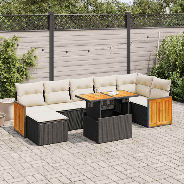 7-delige Loungeset met kussens poly rattan acacia zwart