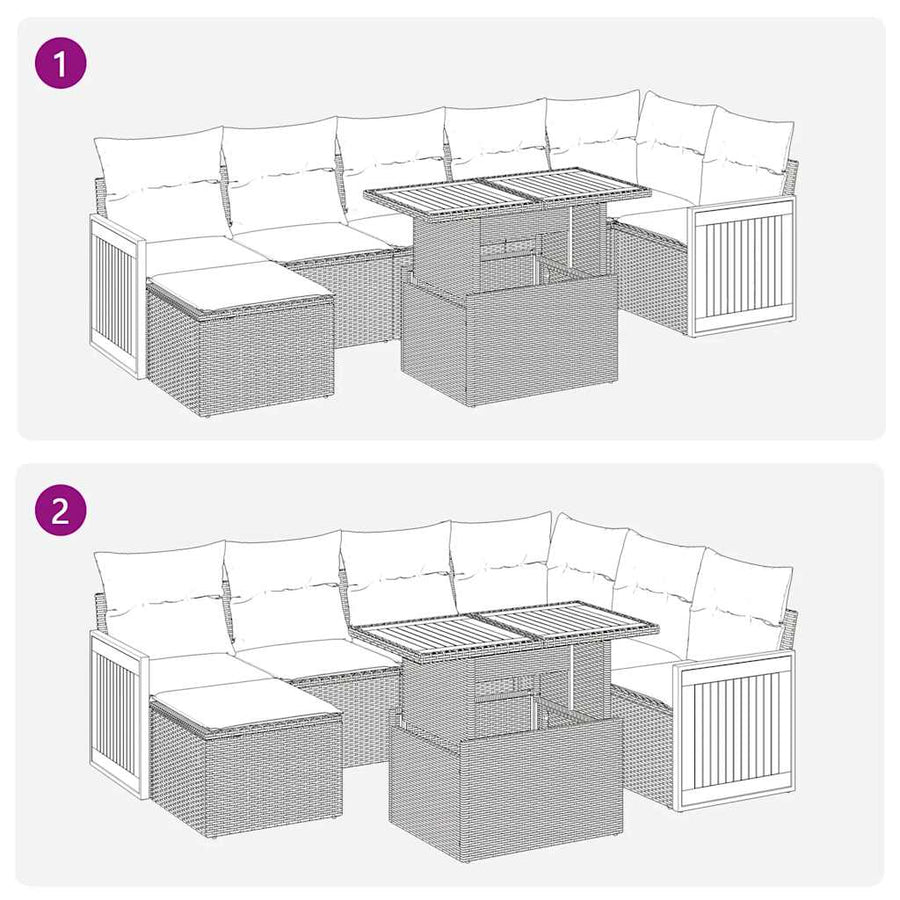 7-delige Loungeset met kussens poly rattan acacia grijs