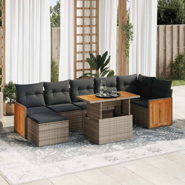 7-delige Loungeset met kussens poly rattan acacia grijs