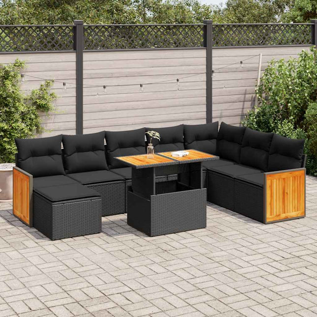 7-delige Loungeset met kussens poly rattan acacia zwart